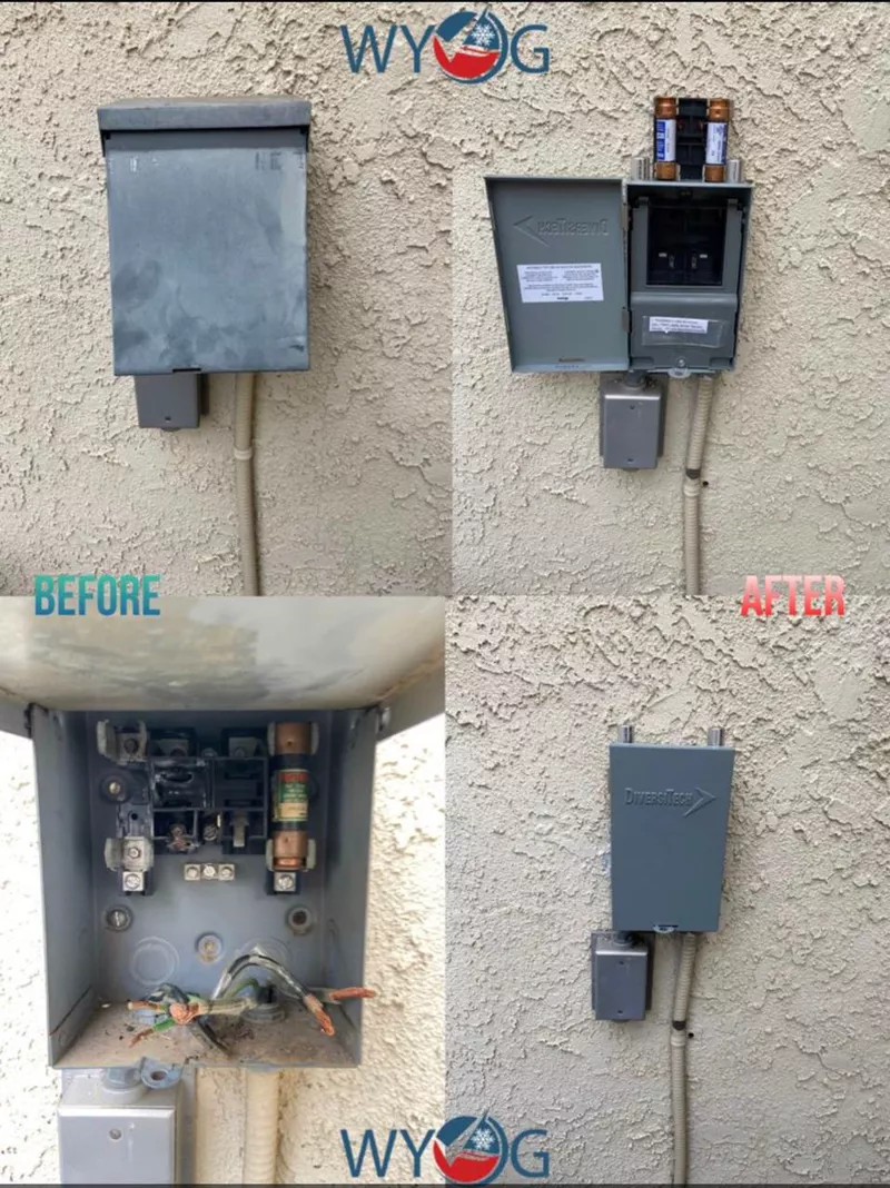 WY&G before and after: old rusted AC disconnect replaced with a new DiversiTech fused disconnect